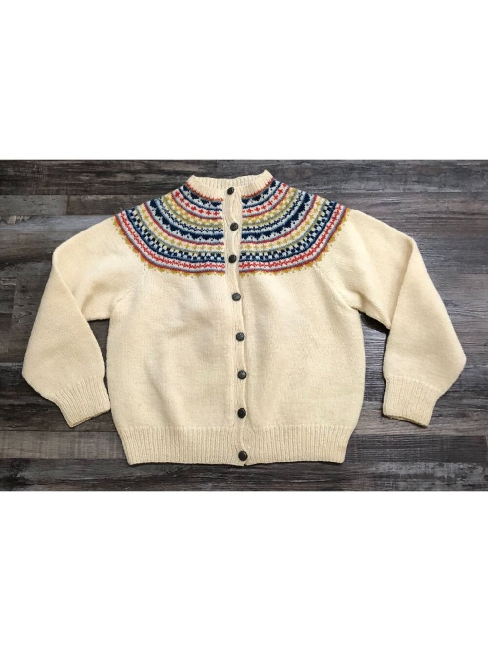 Husfliden Bergen Womens S/M Button Up Wool Fair Isle Cardigan Sweater Cream